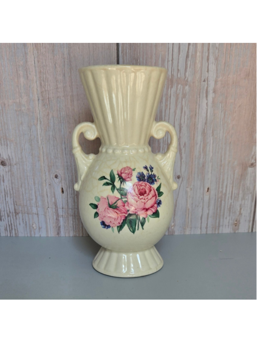 Vintage Royal Copley Floral Vase Double Handle Pink Roses Cream Pottery